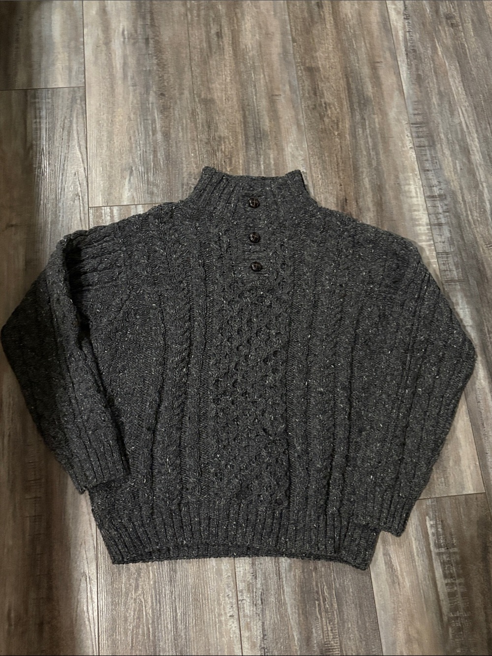 VTG LL Bean Fisherman Knit Henley Sweater Gray 3 Button Aran Irish Wool Mens LG